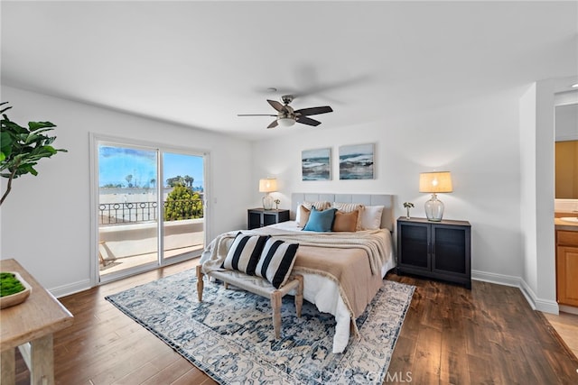 bedroom with a ceiling fan, baseboards, access to exterior, and wood finished floors