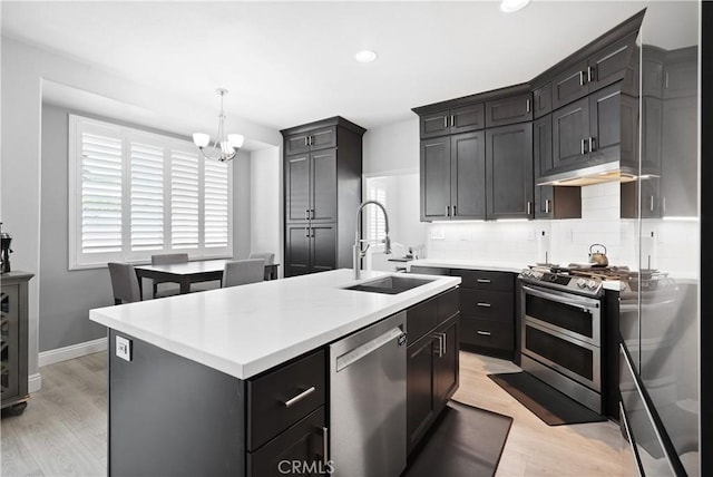 kitchen with a kitchen island with sink, backsplash, a sink, under cabinet range hood, and stainless steel appliances
