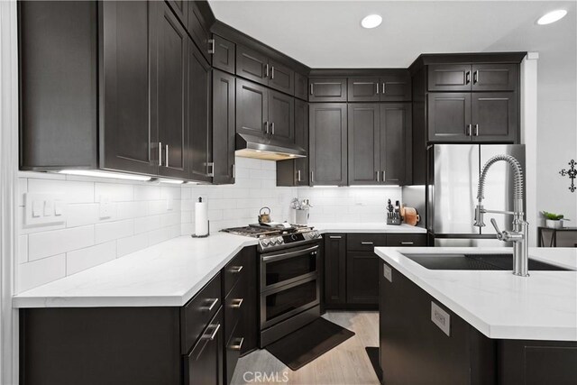 kitchen featuring appliances with stainless steel finishes, a sink, light wood-style floors, decorative backsplash, and under cabinet range hood