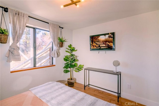 bedroom with baseboards and wood finished floors