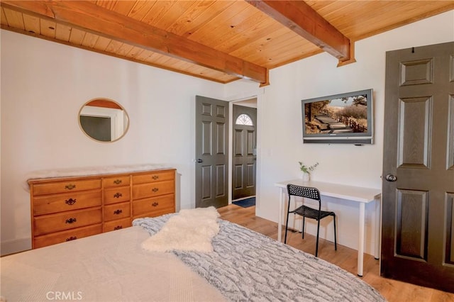 bedroom with wood ceiling, beamed ceiling, and wood finished floors