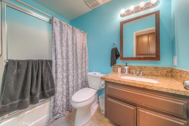 24731 Huntley Dr, Moreno Valley, CA 92557 - full bathroom with vanity, toilet, tile patterned floors, curtained shower, and visible vents