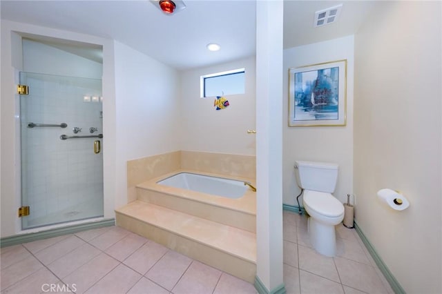 bathroom featuring toilet, tile patterned floors, a shower stall, visible vents, and a bath