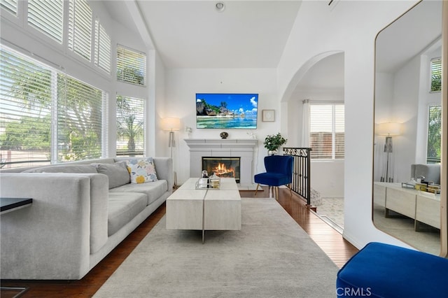 living area with a glass covered fireplace, high vaulted ceiling, dark wood-type flooring, and a wealth of natural light