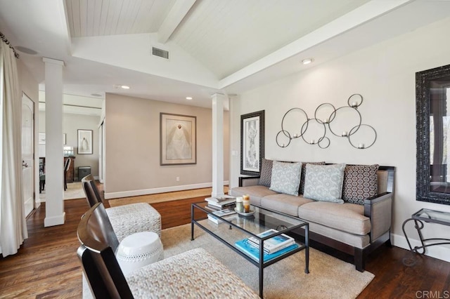 living room featuring decorative columns, vaulted ceiling with beams, visible vents, and wood finished floors