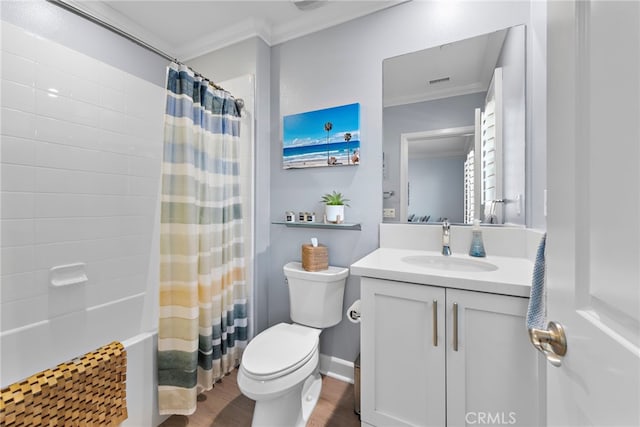 207 Via Galicia, San Clemente, CA 92672 - bathroom featuring ornamental molding, toilet, vanity, wood finished floors, and shower / bath combo