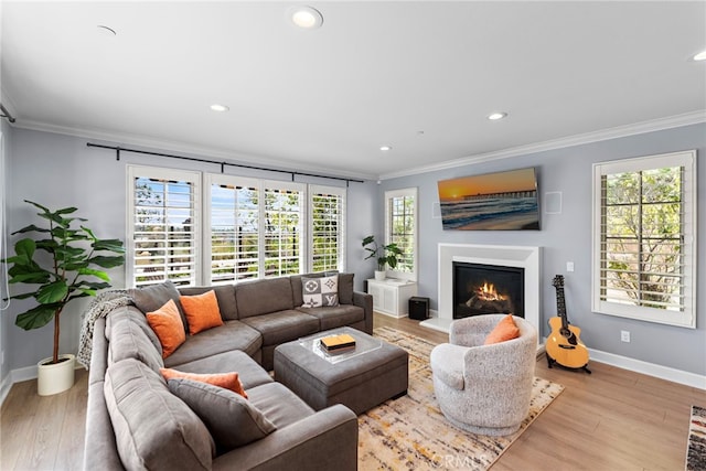 207 Via Galicia, San Clemente, CA 92672 - living room with ornamental molding, baseboards, a lit fireplace, recessed lighting, and wood finished floors