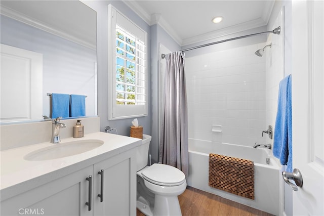 207 Via Galicia, San Clemente, CA 92672 - full bathroom featuring ornamental molding, toilet, shower / tub combo with curtain, vanity, and wood finished floors