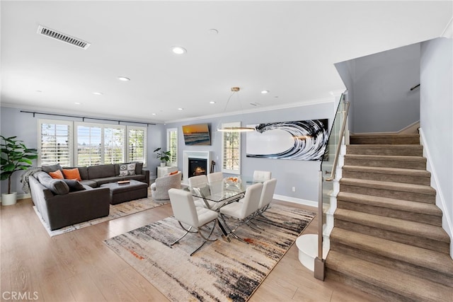 207 Via Galicia, San Clemente, CA 92672 - living area with ornamental molding, baseboards, a lit fireplace, recessed lighting, and stairway