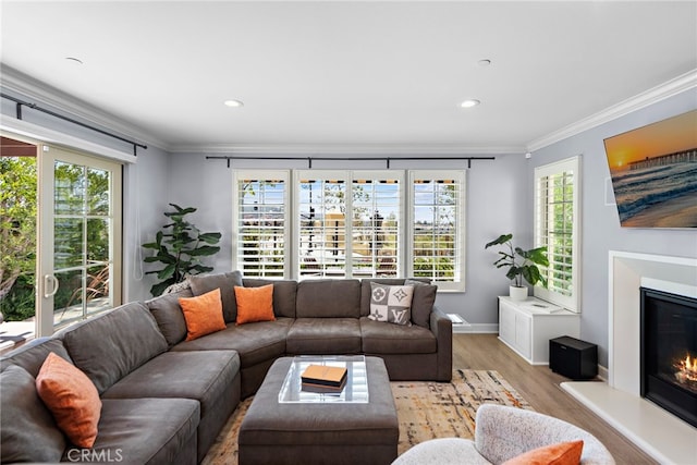 207 Via Galicia, San Clemente, CA 92672 - living area with crown molding, light wood-style flooring, a glass covered fireplace, plenty of natural light, and recessed lighting