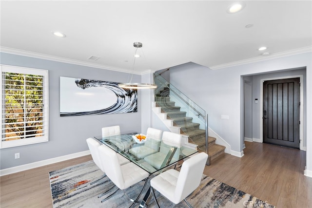 207 Via Galicia, San Clemente, CA 92672 - dining area with stairs, baseboards, crown molding, wood finished floors, and recessed lighting