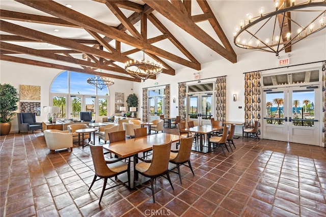 207 Via Galicia, San Clemente, CA 92672 - dining room featuring french doors, a chandelier, high vaulted ceiling, beamed ceiling, and recessed lighting
