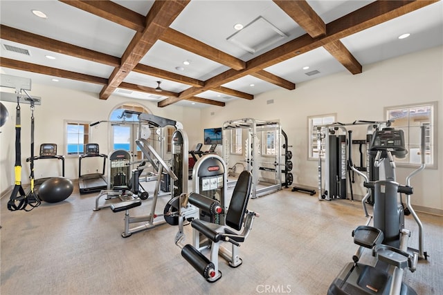 207 Via Galicia, San Clemente, CA 92672 - gym with coffered ceiling, beamed ceiling, baseboards, and recessed lighting