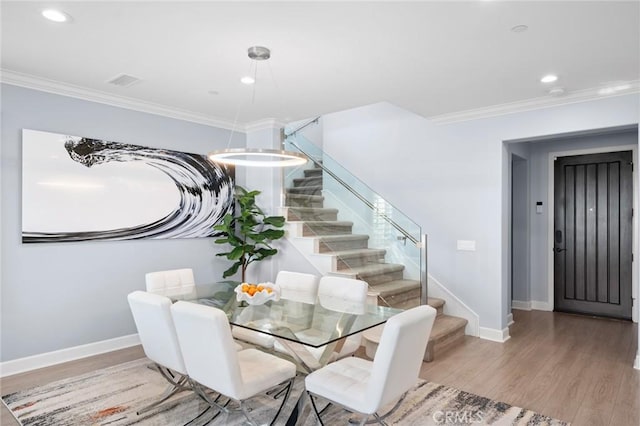 207 Via Galicia, San Clemente, CA 92672 - dining space featuring stairway, wood finished floors, crown molding, and recessed lighting