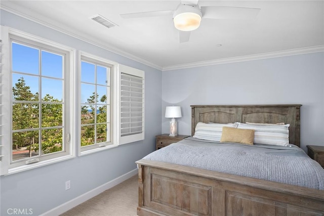207 Via Galicia, San Clemente, CA 92672 - bedroom featuring multiple windows, ornamental molding, light carpet, and ceiling fan