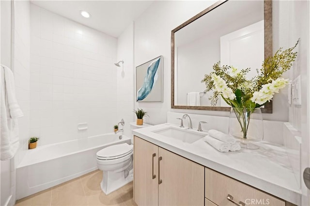 bathroom with shower / bath combination, tile patterned flooring, vanity, toilet, and recessed lighting