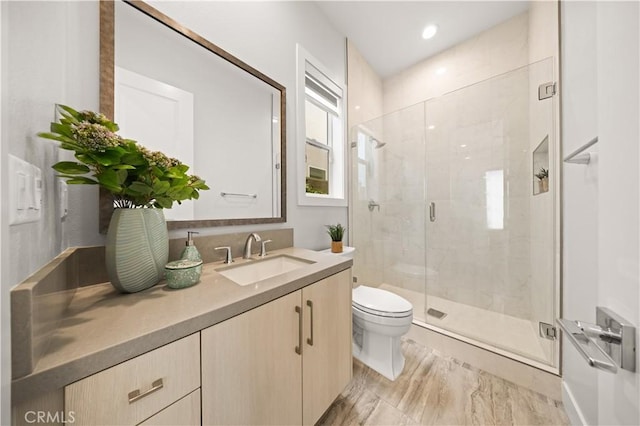 bathroom featuring toilet, a shower stall, and vanity
