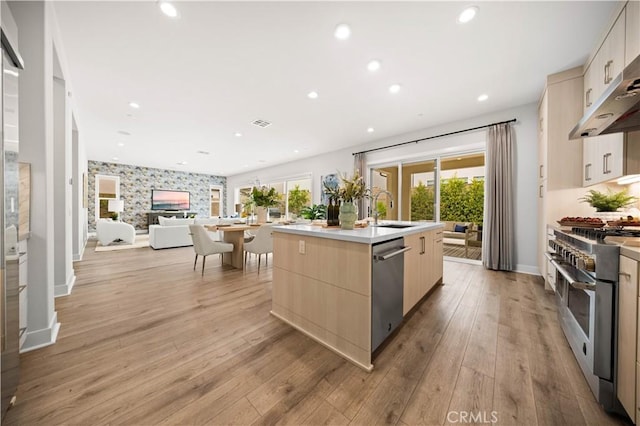 kitchen with a sink, light brown cabinets, stainless steel appliances, under cabinet range hood, and modern cabinets