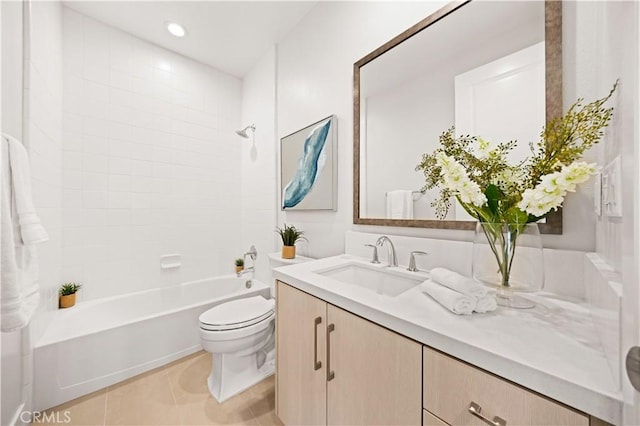 271 Huckleberry, Lake Forest, CA 92630 - bathroom featuring shower / bathtub combination, recessed lighting, toilet, tile patterned floors, and vanity