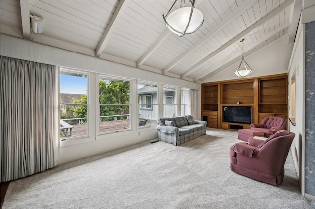 living area with carpet, high vaulted ceiling, wood ceiling, and beamed ceiling