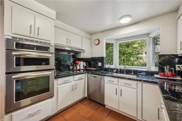kitchen with decorative backsplash, under cabinet range hood, a healthy amount of sunlight, and stainless steel appliances