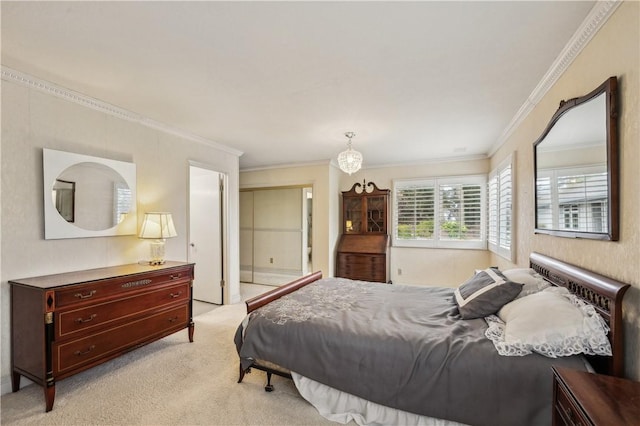 bedroom with crown molding and light carpet