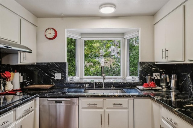 kitchen featuring white cabinets and stainless steel dishwasher