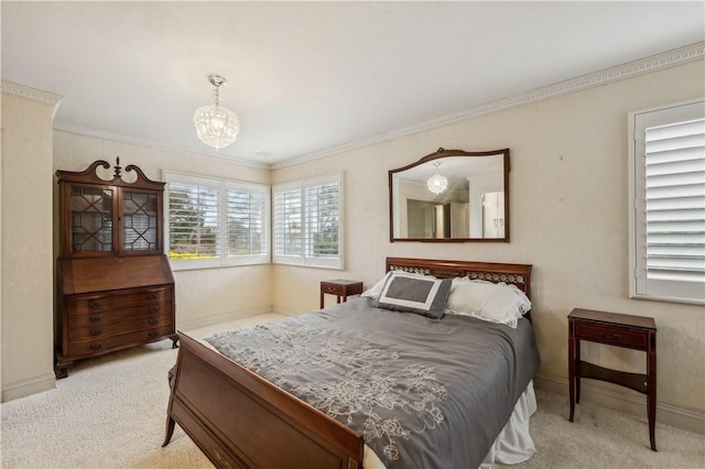 bedroom with carpet flooring, crown molding, a notable chandelier, and baseboards
