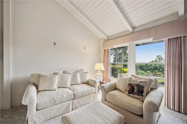 living area featuring carpet flooring, high vaulted ceiling, wooden ceiling, and beam ceiling