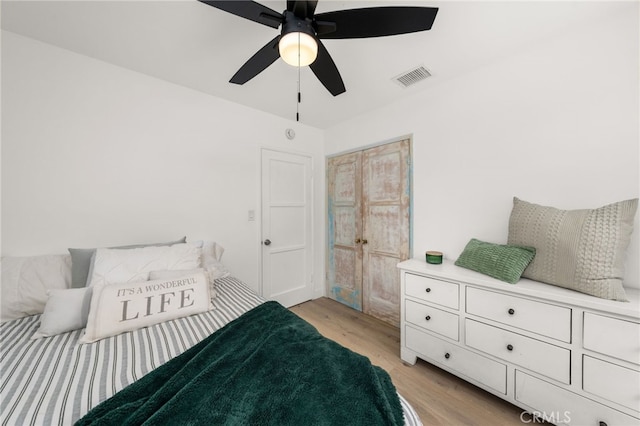 1326 Clock Ave, Redlands, CA 92374 - bedroom featuring a ceiling fan, visible vents, and light wood finished floors