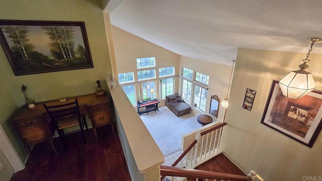 42154 Thoroughbred Ln, Murrieta, CA 92562 - staircase featuring wood finished floors and high vaulted ceiling