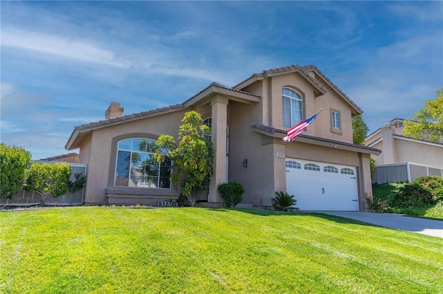 26928 Eagle Run St, Corona, CA 92883 - mediterranean / spanish-style house featuring a chimney, stucco siding, a garage, concrete driveway, and a tile roof