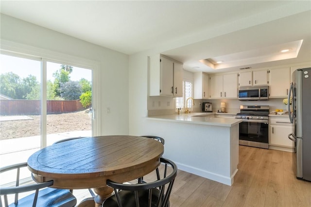 26928 Eagle Run St, Corona, CA 92883 - kitchen featuring appliances with stainless steel finishes, a raised ceiling, light countertops, a sink, and a peninsula