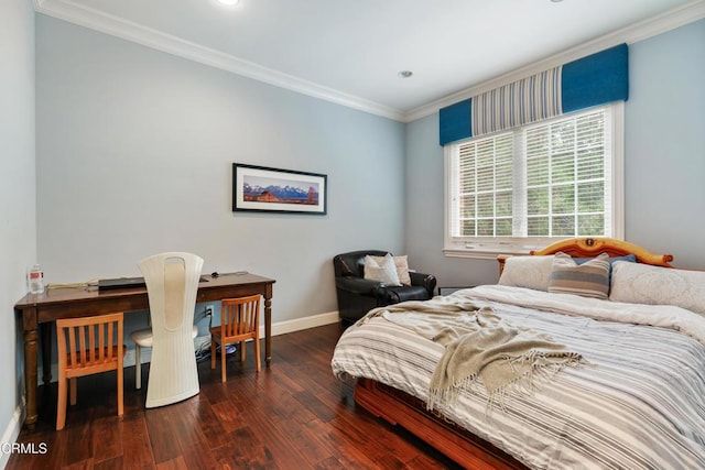 bedroom with baseboards, ornamental molding, dark wood-type flooring, and recessed lighting