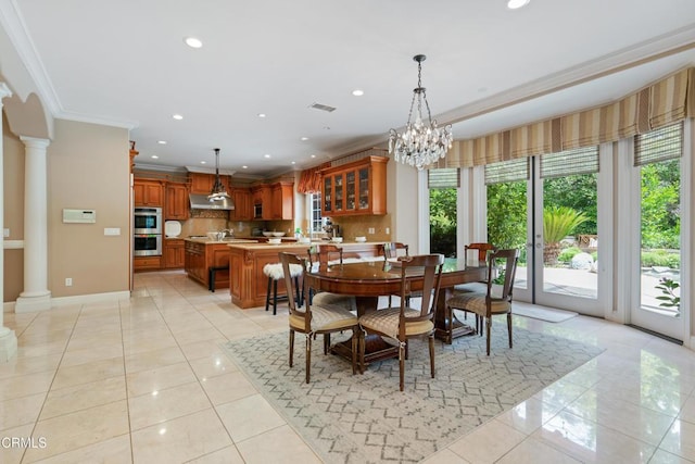 dining area with crown molding, recessed lighting, light tile patterned floors, ornate columns, and visible vents