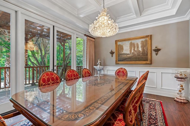 dining room featuring crown molding, coffered ceiling, a notable chandelier, and hardwood / wood-style floors