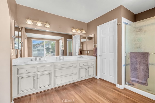 full bathroom featuring wood finished floors, a sink, and a stall shower