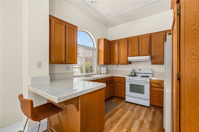 429 Indian Wells Rd, Banning, CA 92220 - kitchen with white gas range oven, under cabinet range hood, a peninsula, light wood-type flooring, and brown cabinets