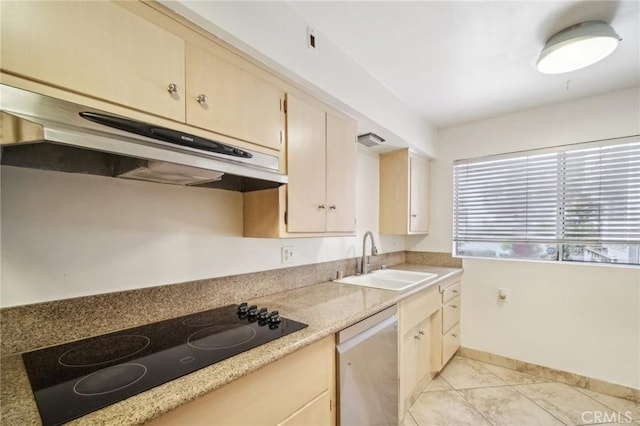 kitchen featuring stainless steel dishwasher, a sink, light countertops, black electric stovetop, and under cabinet range hood