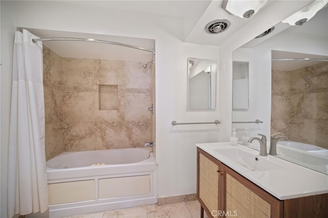 full bathroom featuring vanity, shower / tub combo with curtain, visible vents, baseboards, and tile patterned floors
