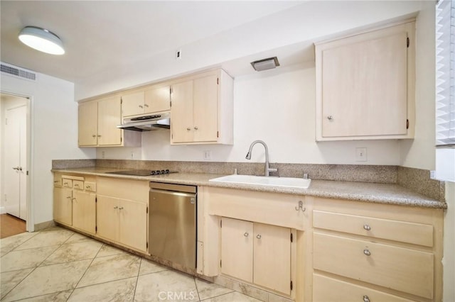 12031 Beverly Blvd Unit 1D, Whittier, CA 90601 - kitchen with a sink, black electric stovetop, visible vents, under cabinet range hood, and stainless steel dishwasher