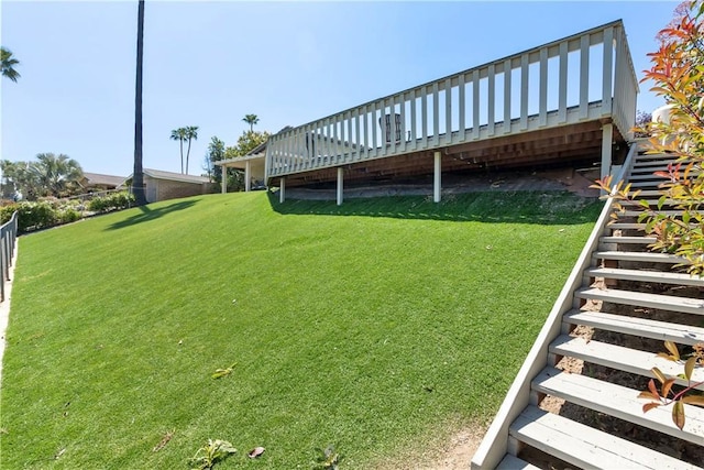 5410 Via, San Jacinto, Riverside, CA 92506 - view of green lawn with stairs and a wooden deck