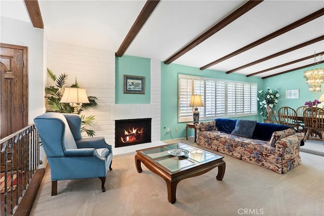 5410 Via, San Jacinto, Riverside, CA 92506 - living room with carpet flooring, a fireplace, and a chandelier