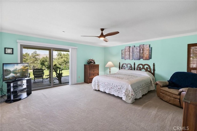 5410 Via, San Jacinto, Riverside, CA 92506 - bedroom featuring access to exterior, carpet flooring, ornamental molding, and ceiling fan