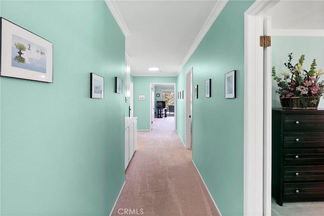 5410 Via, San Jacinto, Riverside, CA 92506 - hallway featuring crown molding, light carpet, and baseboards