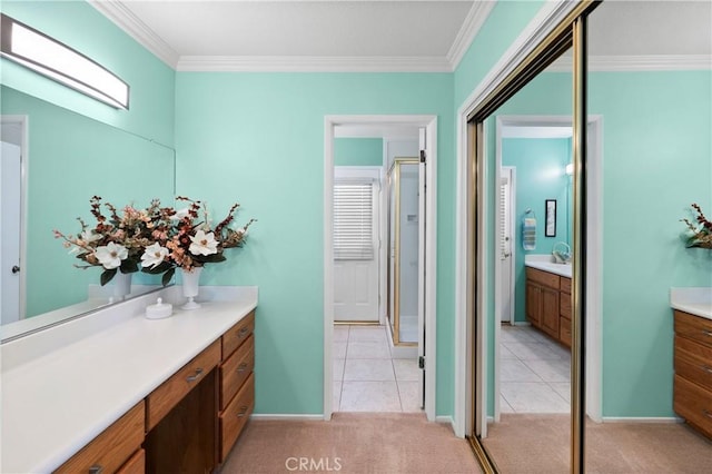 5410 Via, San Jacinto, Riverside, CA 92506 - bathroom with vanity, a shower stall, ornamental molding, tile patterned flooring, and baseboards