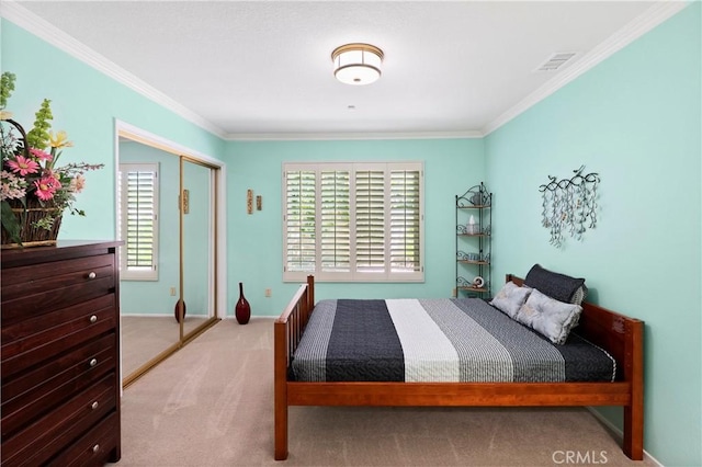 5410 Via, San Jacinto, Riverside, CA 92506 - bedroom featuring carpet flooring, crown molding, a closet, and baseboards