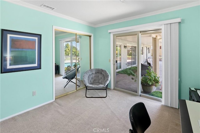 5410 Via, San Jacinto, Riverside, CA 92506 - sitting room with carpet, ornamental molding, a desk, and baseboards