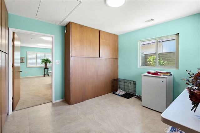 5410 Via, San Jacinto, Riverside, CA 92506 - bedroom with attic access, fridge, light colored carpet, baseboards, and light tile patterned floors