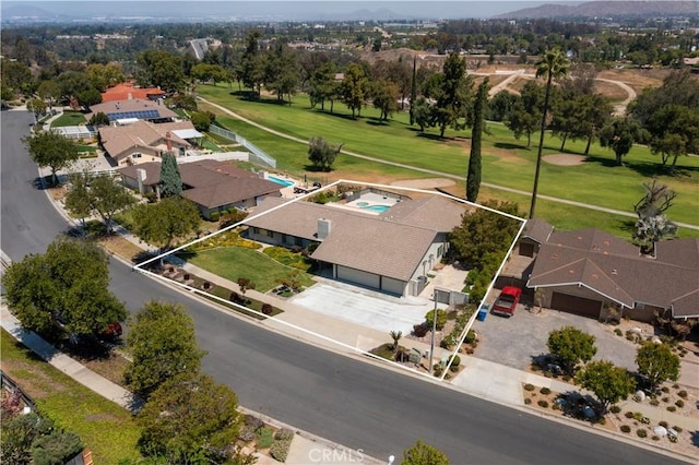 5410 Via, San Jacinto, Riverside, CA 92506 - aerial perspective of suburban area featuring property parcel outlined, a golf course, and mountains